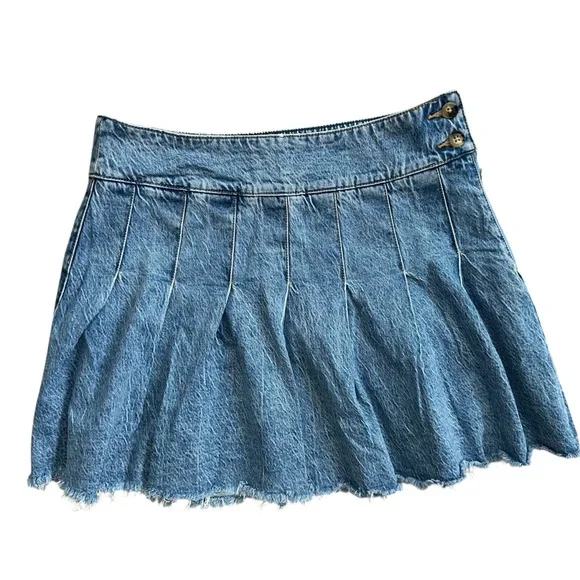 Free People We The Free Stonewashed Raw Hem Denim Pleated Mini Skirt Size 32 - Picture 4 of 8